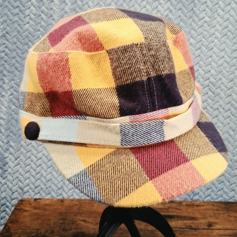 D&Y Multicolor Plaid Cadet Hat Flannel Military Style Cap Yellow Red Blue Check
